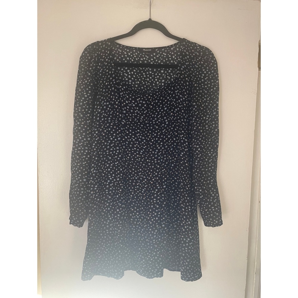 Madewell Black Floral Print Long Sleeve Mini Dress Women Size 8 Boho Cottagecore